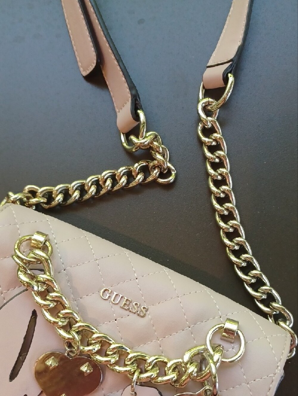 GUESS Pink Quilted Crossbody with Gold Charm Chain - Picture 7 of 10